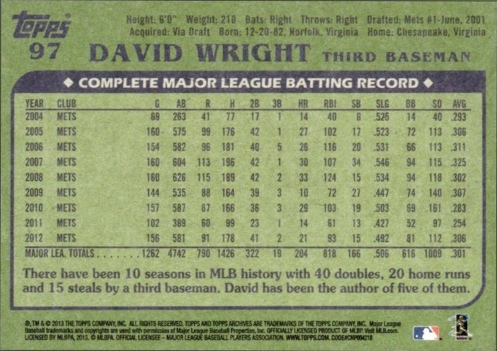2013 Topps Archives David Wright #97 baseball trading card back
