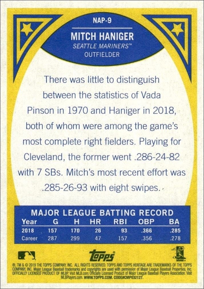 2019 Topps Heritage Mitch Haniger #NAP-9 baseball trading card back