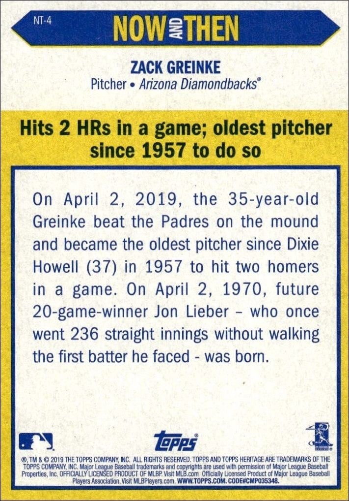 2019 Topps Heritage Zack Greinke #NT-4 baseball trading card back