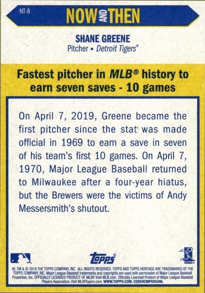 2019 Topps Heritage Shane Greene #NT-8 baseball trading card back