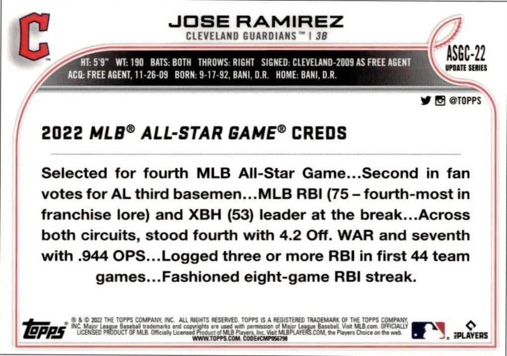 2022 Topps Chrome Update Jose Ramirez #ASGC-22 baseball trading card back