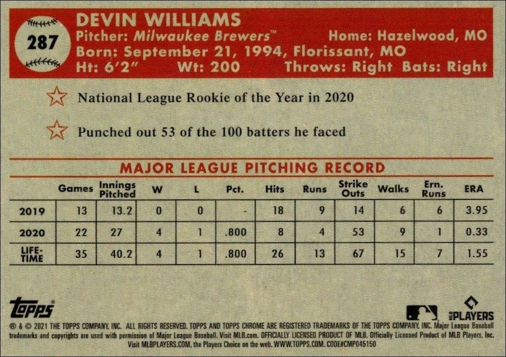 2021 Topps Chrome Platinum Anniversary Devin Williams #287 baseball trading card back