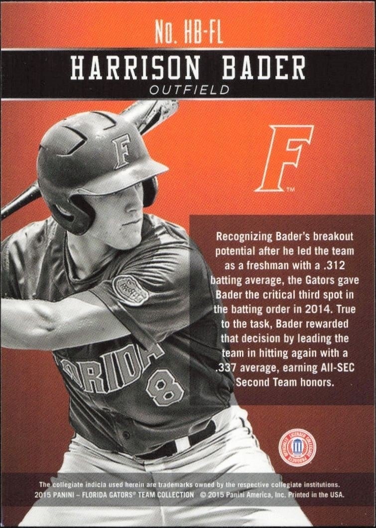 2015 Panini Florida Gators Harrison Bader #HB-FL baseball trading card back