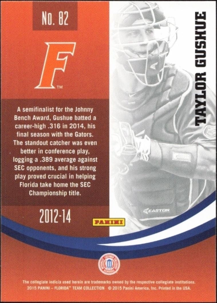 2015 Panini Florida Gators Taylor Gushue #82 baseball trading card back