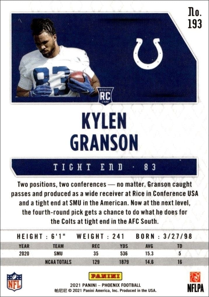 2021 Panini Phoenix Kylen Granson #193 football trading card back