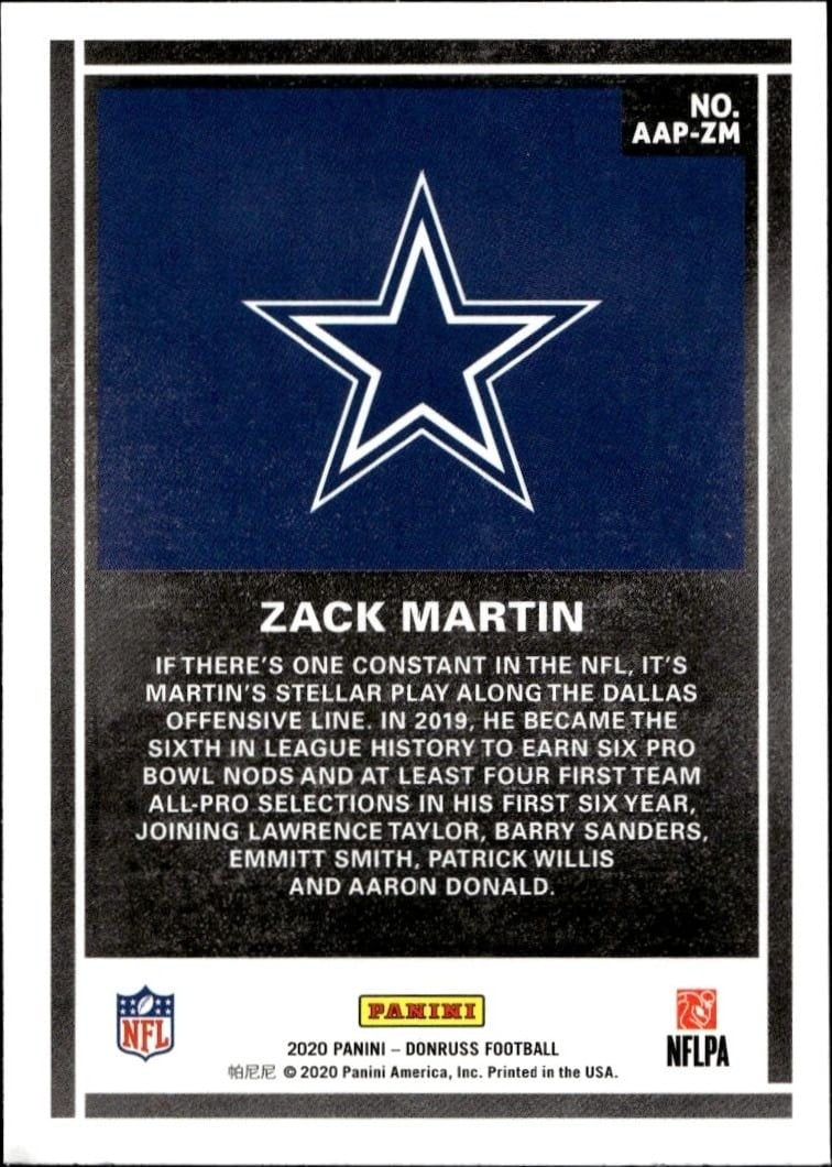 2020 Panini Donruss Zack Martin #AAP-ZM football trading card back
