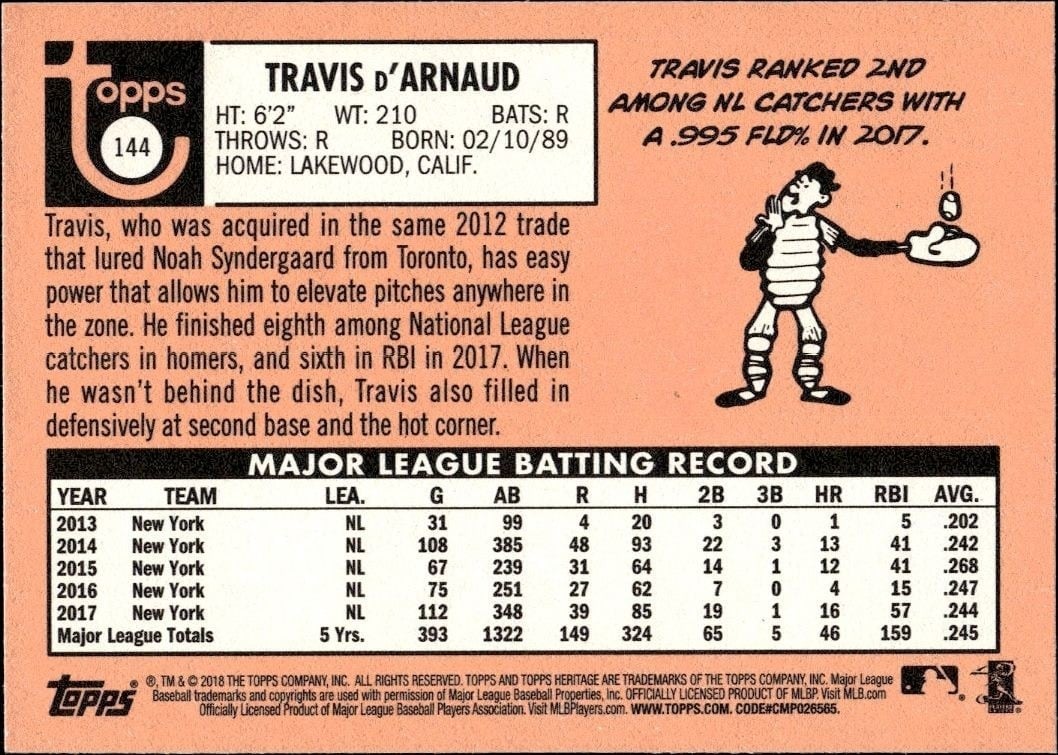 2018 Topps Heritage Travis d'Arnaud #144 baseball trading card back