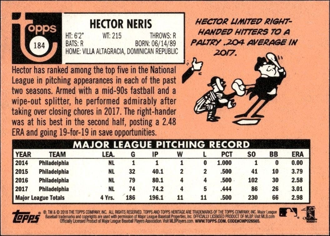 2018 Topps Heritage Hector Neris #184 baseball trading card back