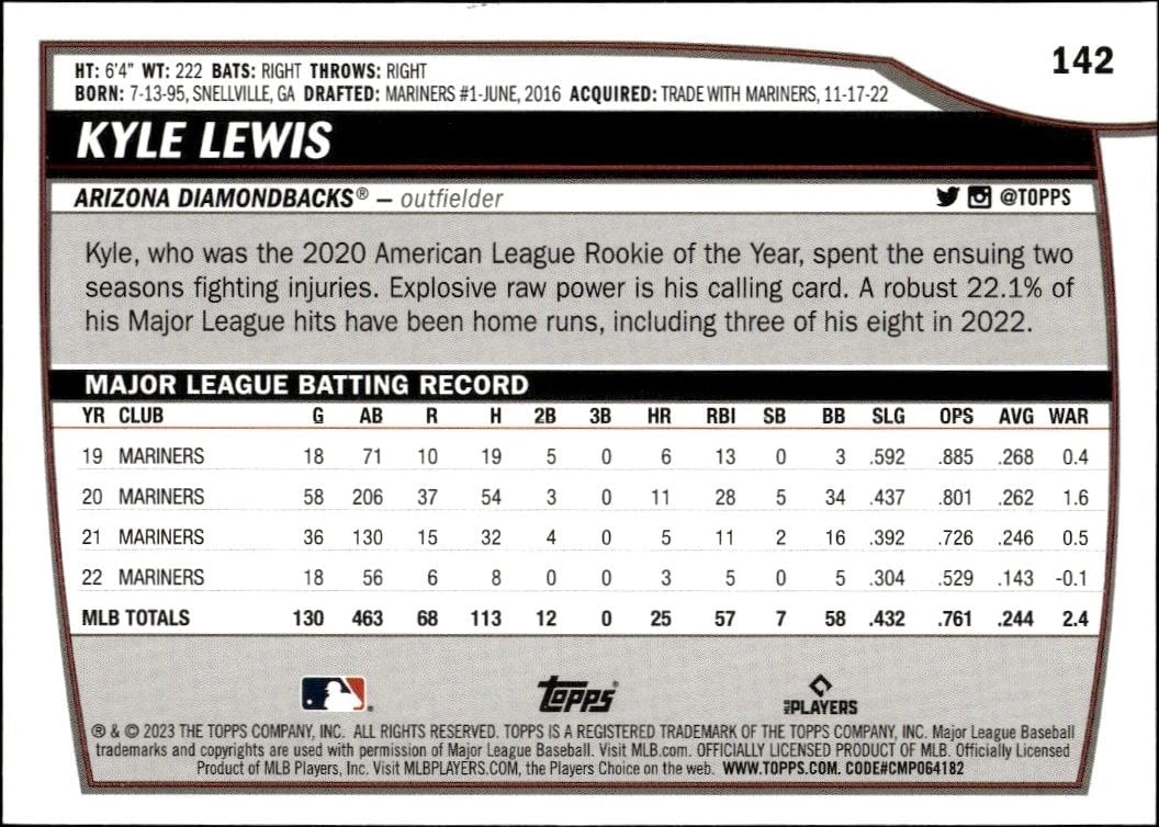 2023 Topps Big League Kyle Lewis #142 baseball trading card back