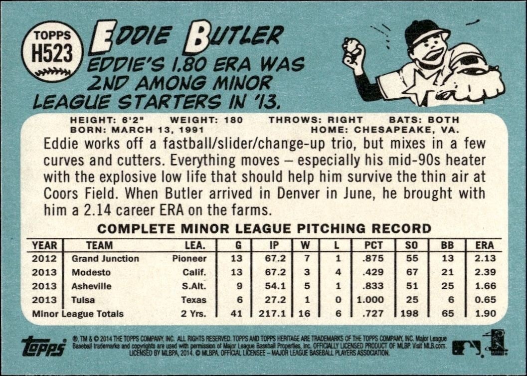 2014 Topps Heritage High Number Eddie Butler #H523 baseball trading card back
