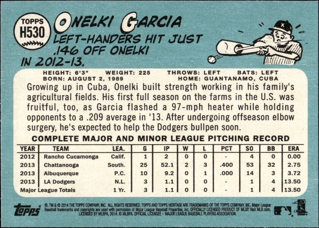 2014 Topps Heritage High Number Onelki Garcia #H530 baseball trading card back