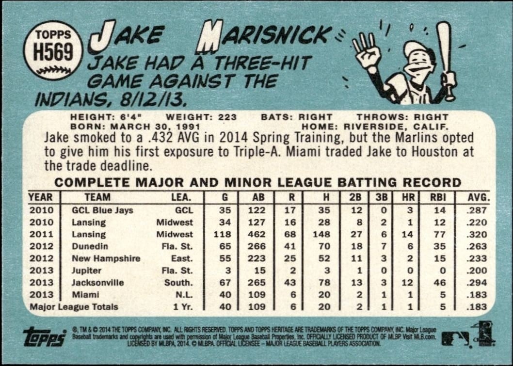 2014 Topps Heritage High Number Jake Marisnick #H569 baseball trading card back
