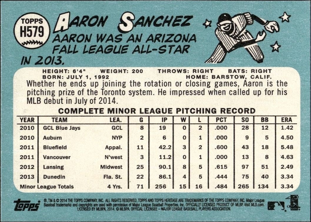 2014 Topps Heritage High Number Aaron Sanchez #H579 baseball trading card back