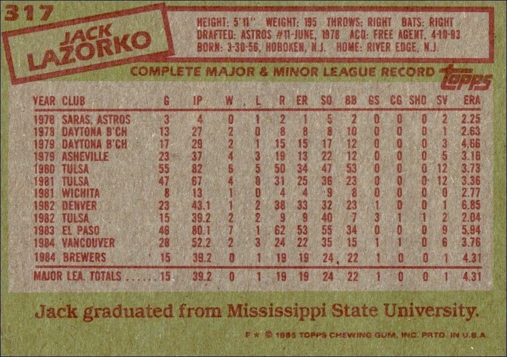 1985 Topps Jack Lazorko #317 baseball trading card back
