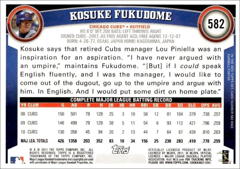 2011 Topps Series 2 Kosuke Fukudome #582 baseball trading card back