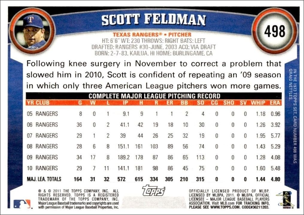 2011 Topps Series 2 Scott Feldman #498 baseball trading card back