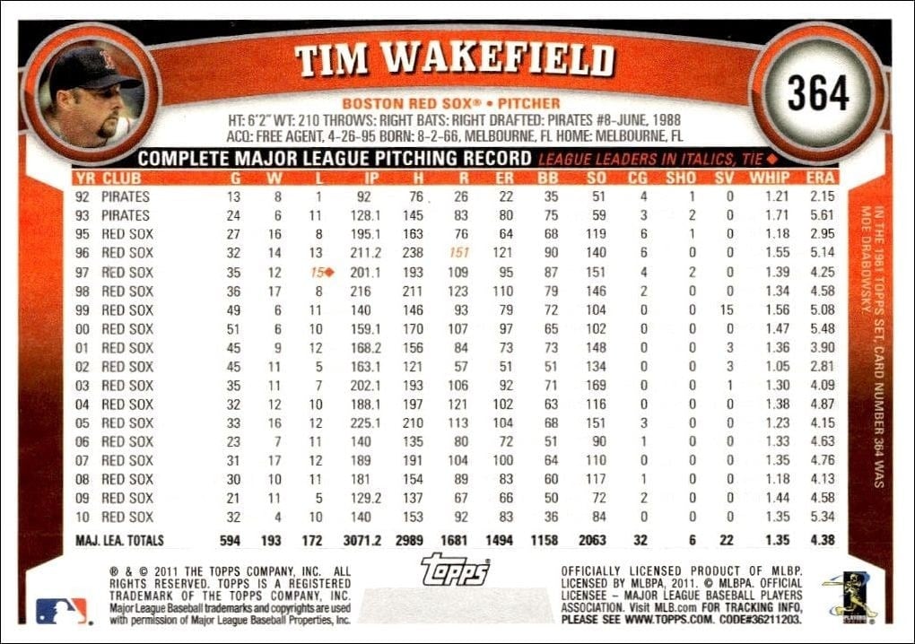 2011 Topps Series 2 Tim Wakefield #364 baseball trading card back