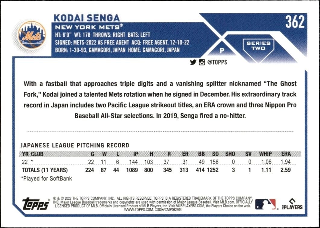 2023 Topps Series 2 Kodai Senga #362 baseball trading card back