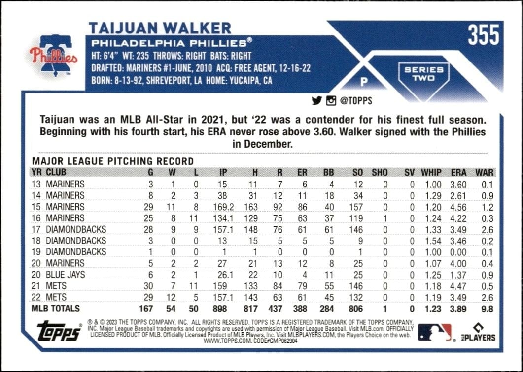 2023 Topps Series 2 Taijuan Walker #355 baseball trading card back