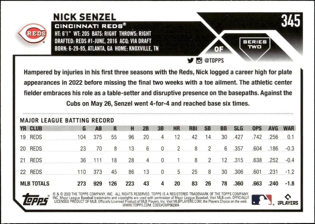 2023 Topps Series 2 Nick Senzel #345 baseball trading card back