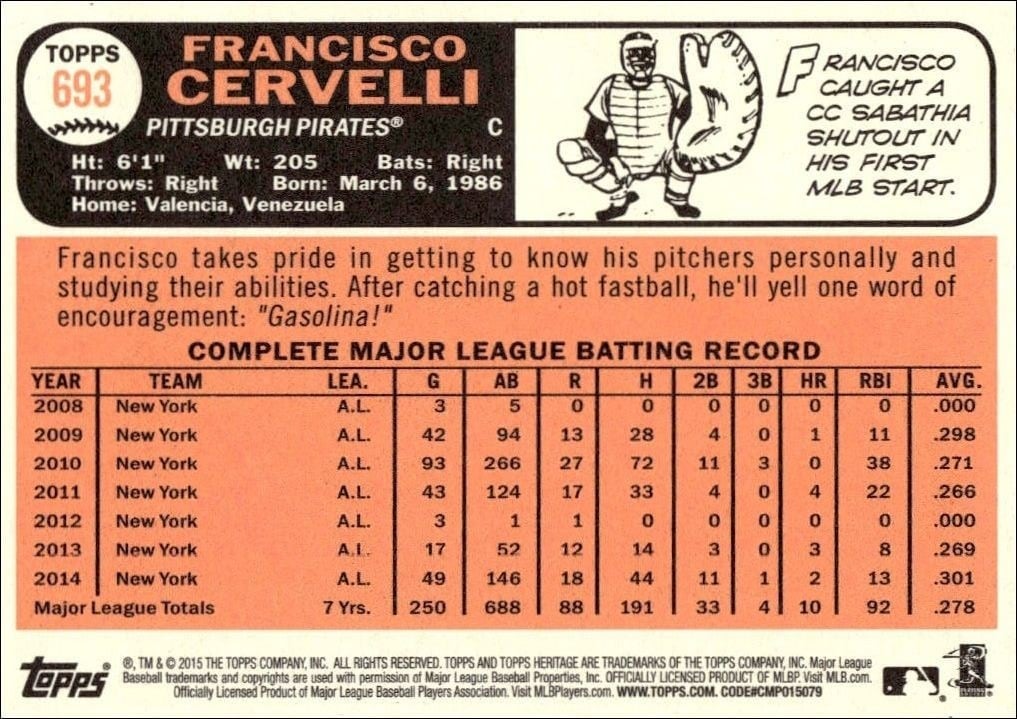 2015 Topps Heritage High Number Francisco Cervelli #693 baseball trading card back