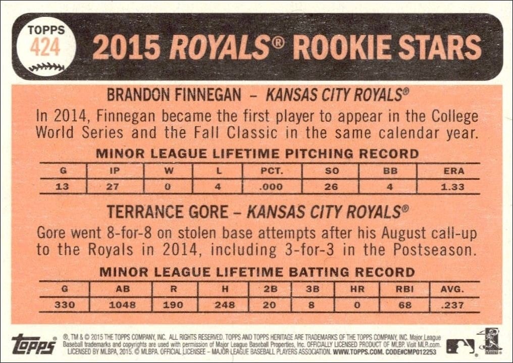 2015 Topps Heritage Brandon Finnegan #424 baseball trading card back