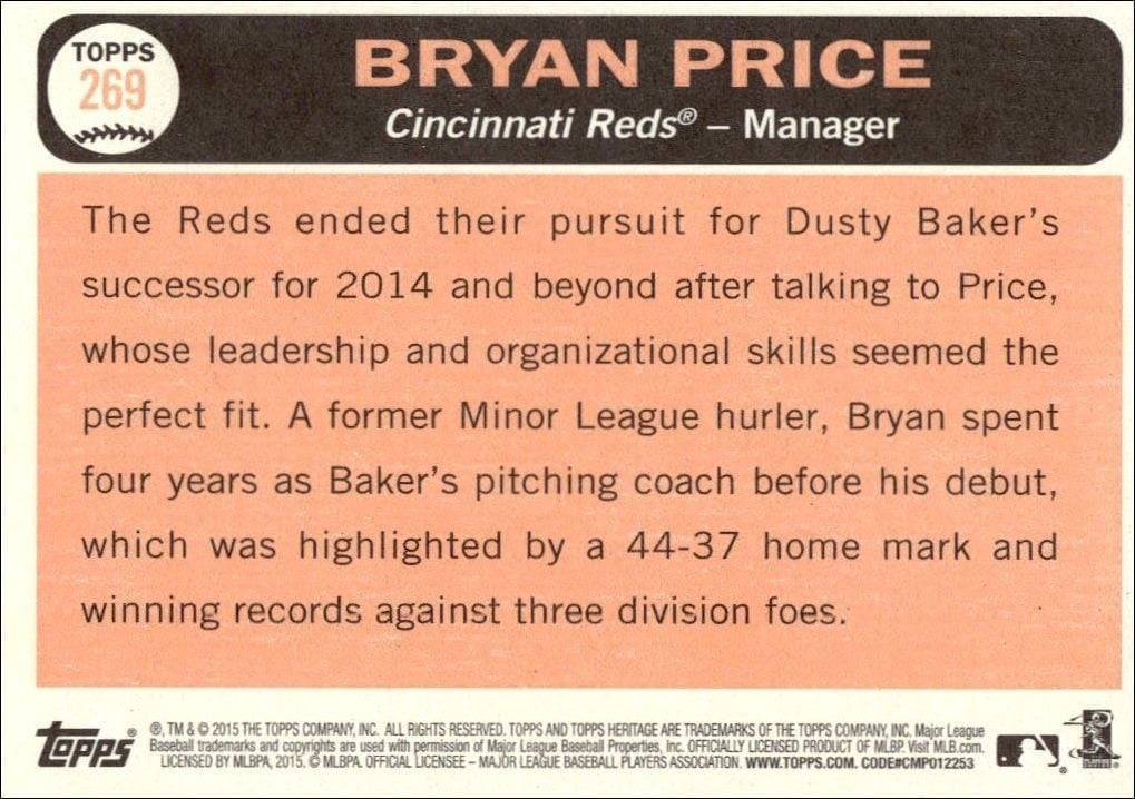 2015 Topps Heritage Bryan Price #269 baseball trading card back