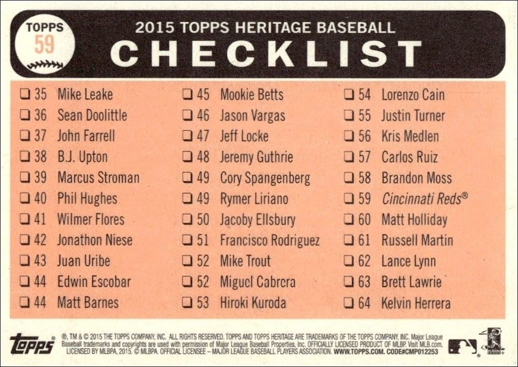 2015 Topps Heritage Cincinnati Reds #59 baseball trading card back
