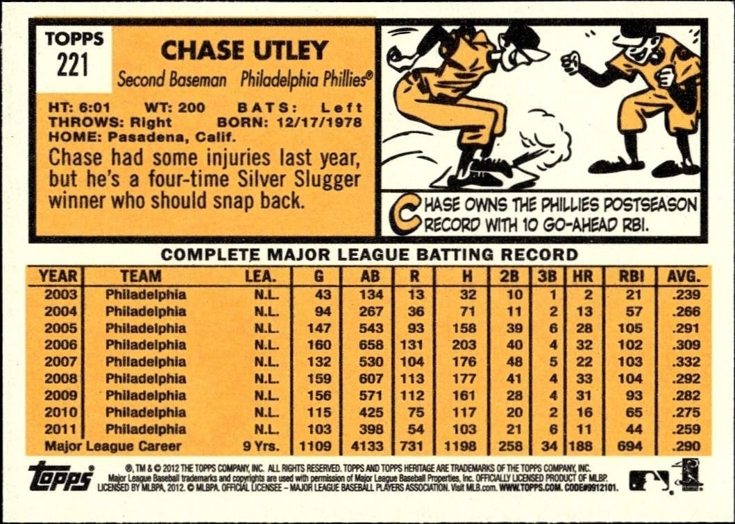 2012 Topps Heritage Chase Utley #221 baseball trading card back