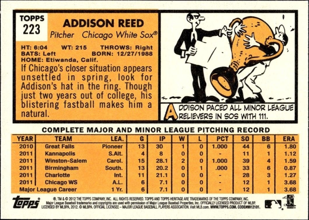 2012 Topps Heritage Addison Reed #223 baseball trading card back