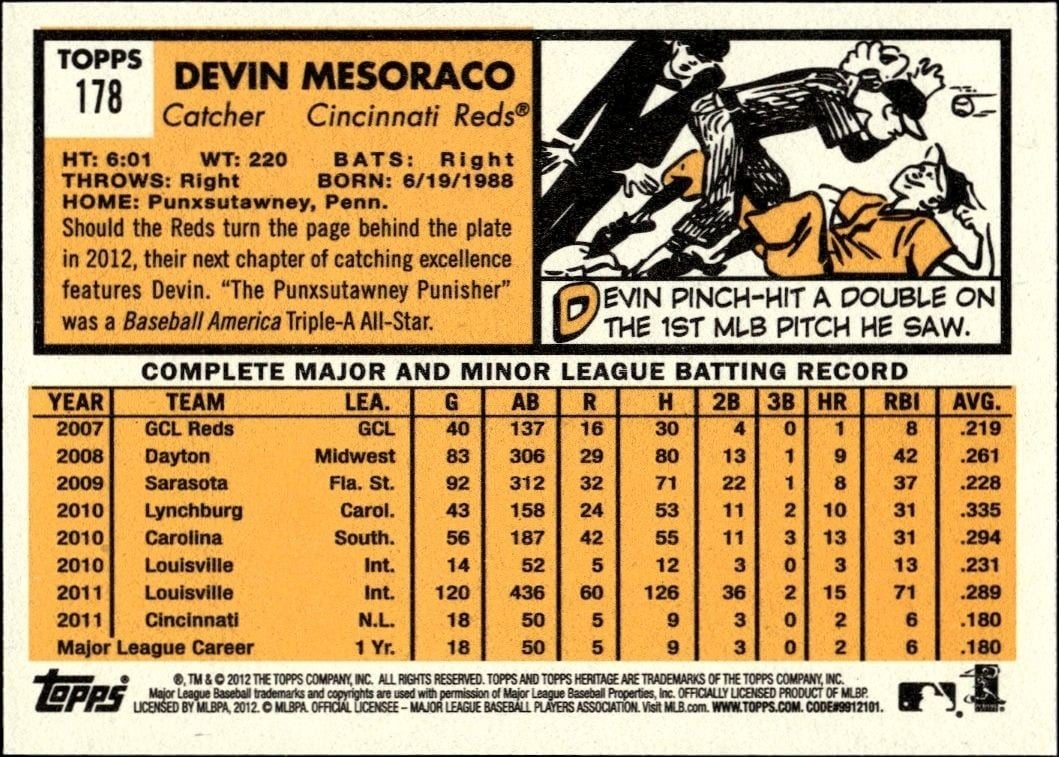 2012 Topps Heritage Devin Mesoraco #178 baseball trading card back