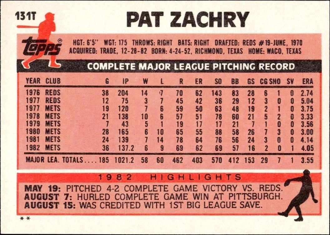 1983 Topps Traded Pat Zachry #131T baseball trading card back