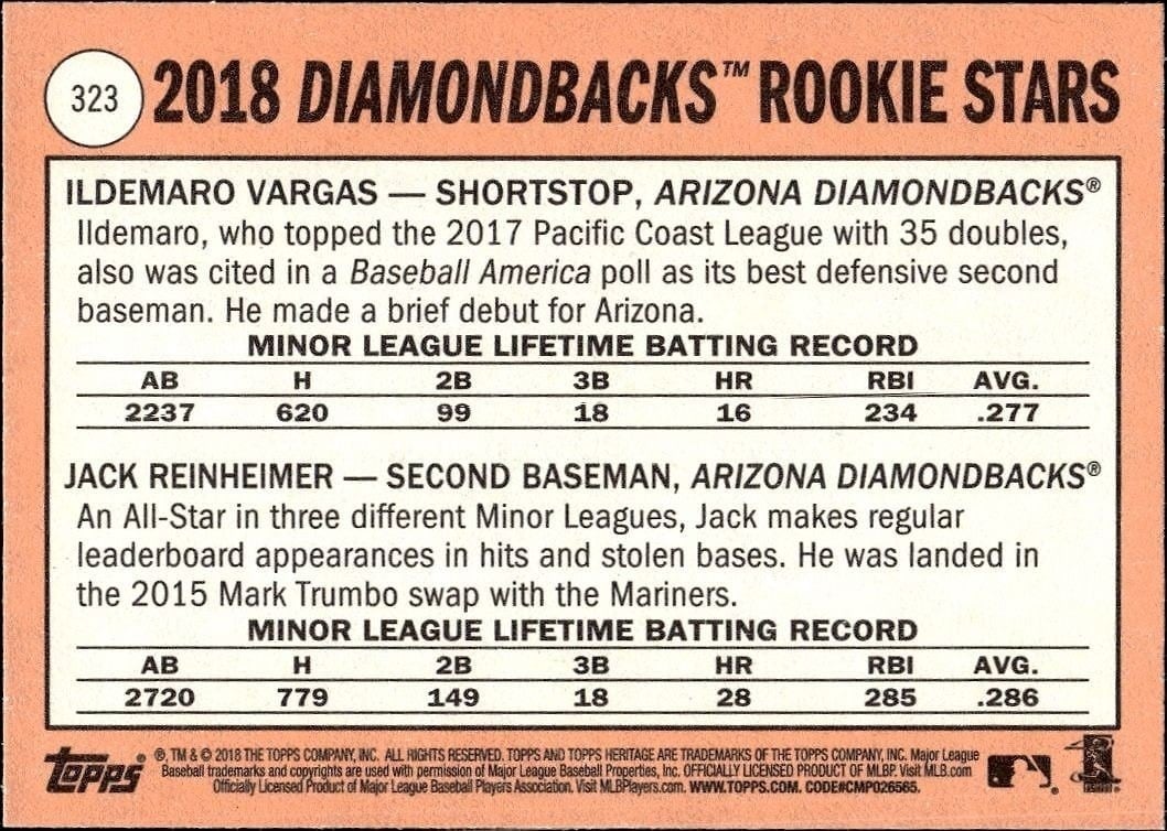 2018 Topps Heritage Jack Reinheimer #323 baseball trading card back
