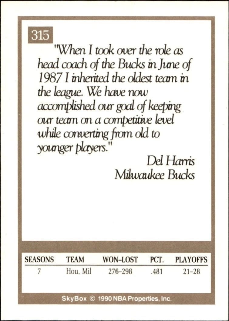 1990-91 Skybox Del Harris #315 basketball trading card back