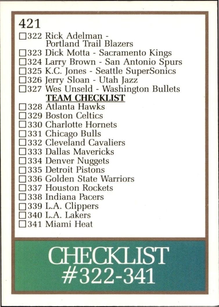 1990-91 Skybox Checklist #421 basketball trading card back