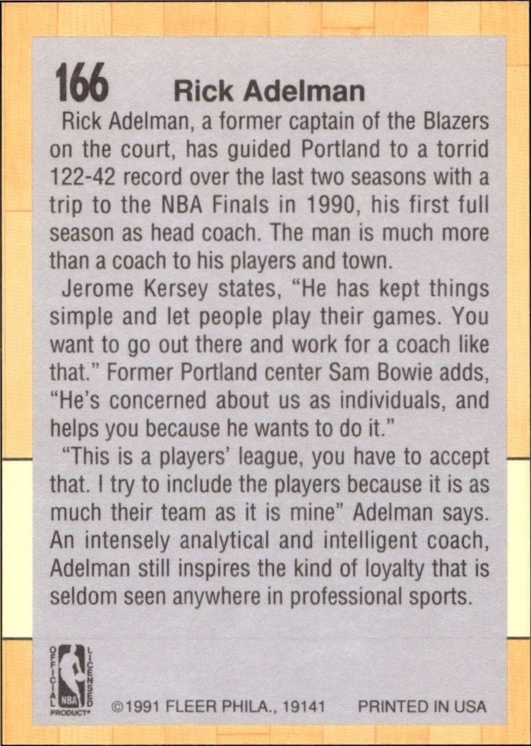 1991-92 Fleer Rick Adelman #166 basketball trading card back