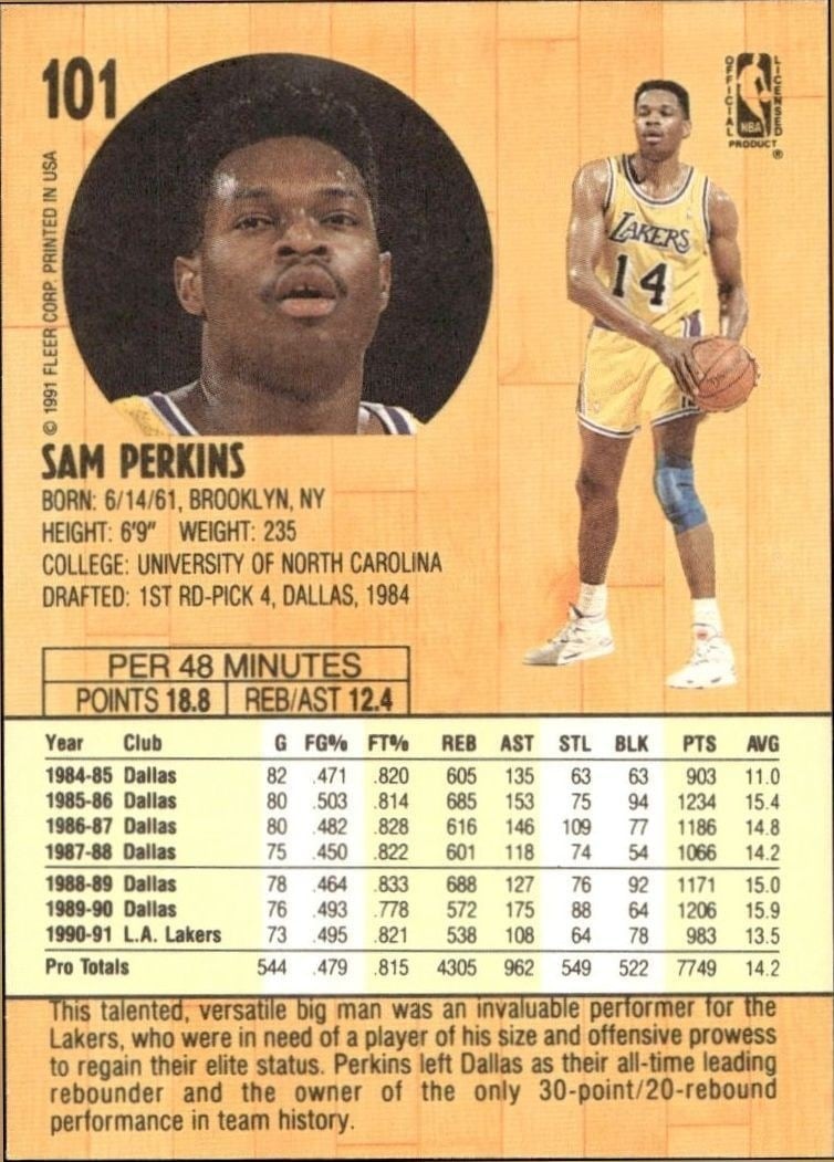 1991-92 Fleer Sam Perkins #101 basketball trading card back