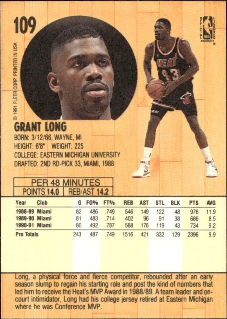 1991-92 Fleer Grant Long #109 basketball trading card back
