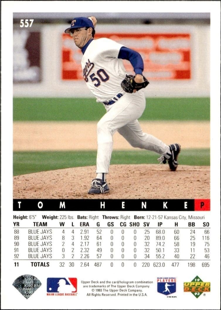 1993 Upper Deck Tom Henke #557 baseball trading card back
