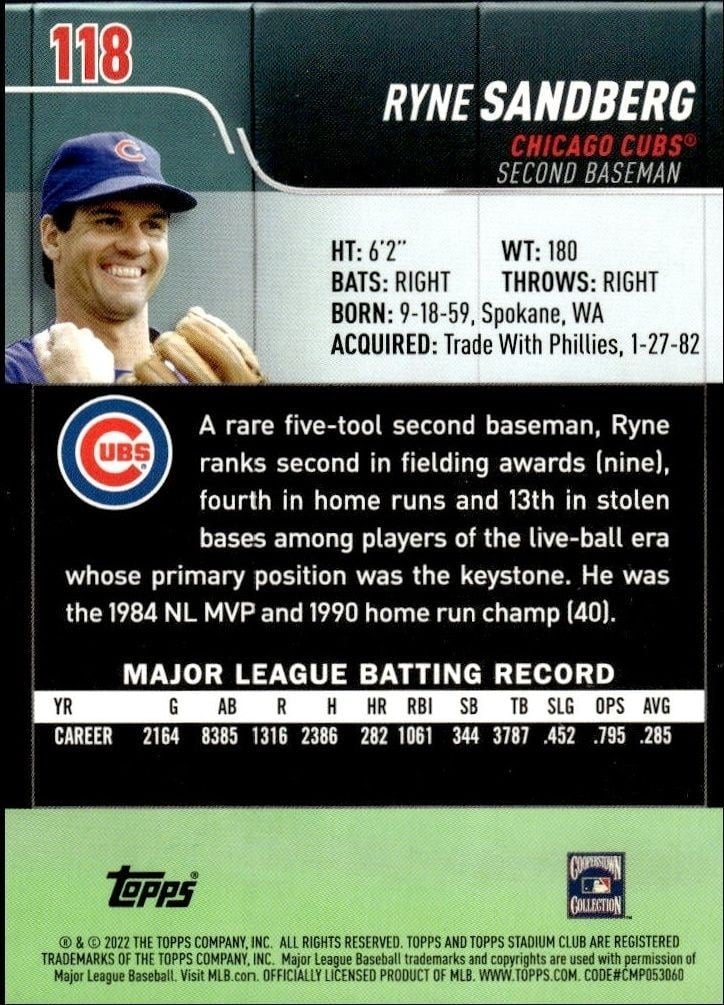 2022 Topps Stadium Club Ryne Sandberg #118 baseball trading card back