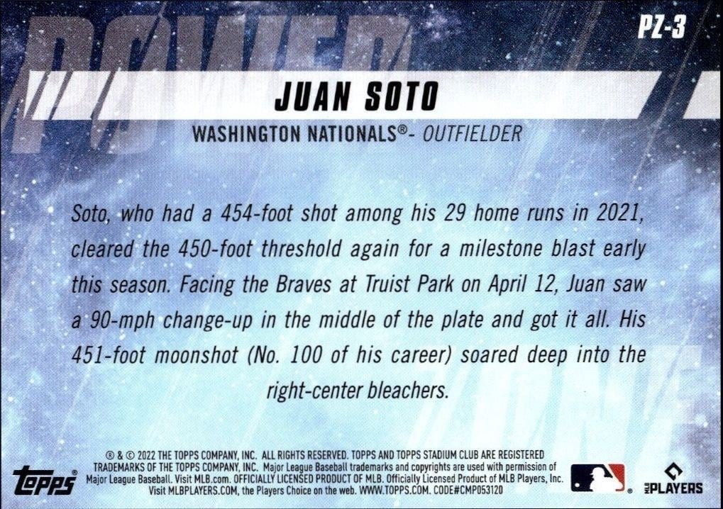 2022 Topps Stadium Club Juan Soto #PZ-3 baseball trading card back