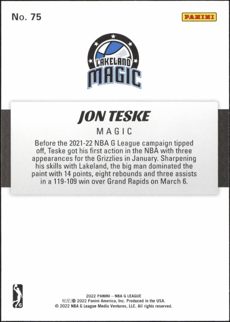 2021-22 Panini NBA G League Jon Teske #75 basketball trading card back