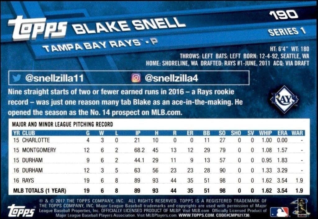 2017 Topps Blake Snell #190 baseball trading card back
