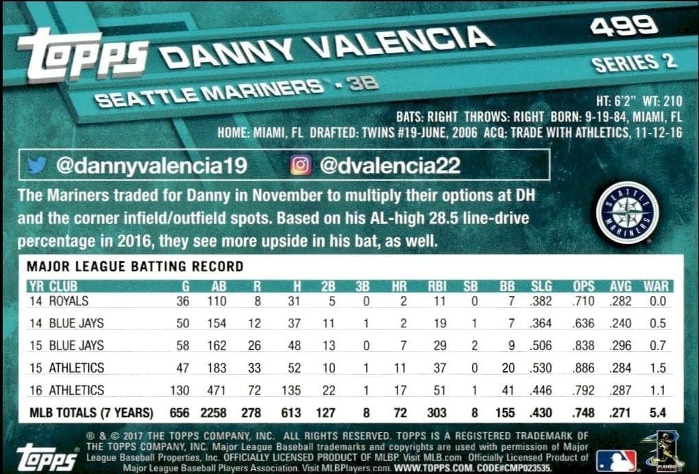 2017 Topps Series 2 Danny Valencia #499 baseball trading card back