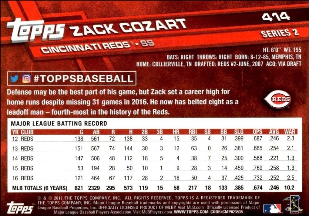 2017 Topps Series 2 Zack Cozart #414 baseball trading card back