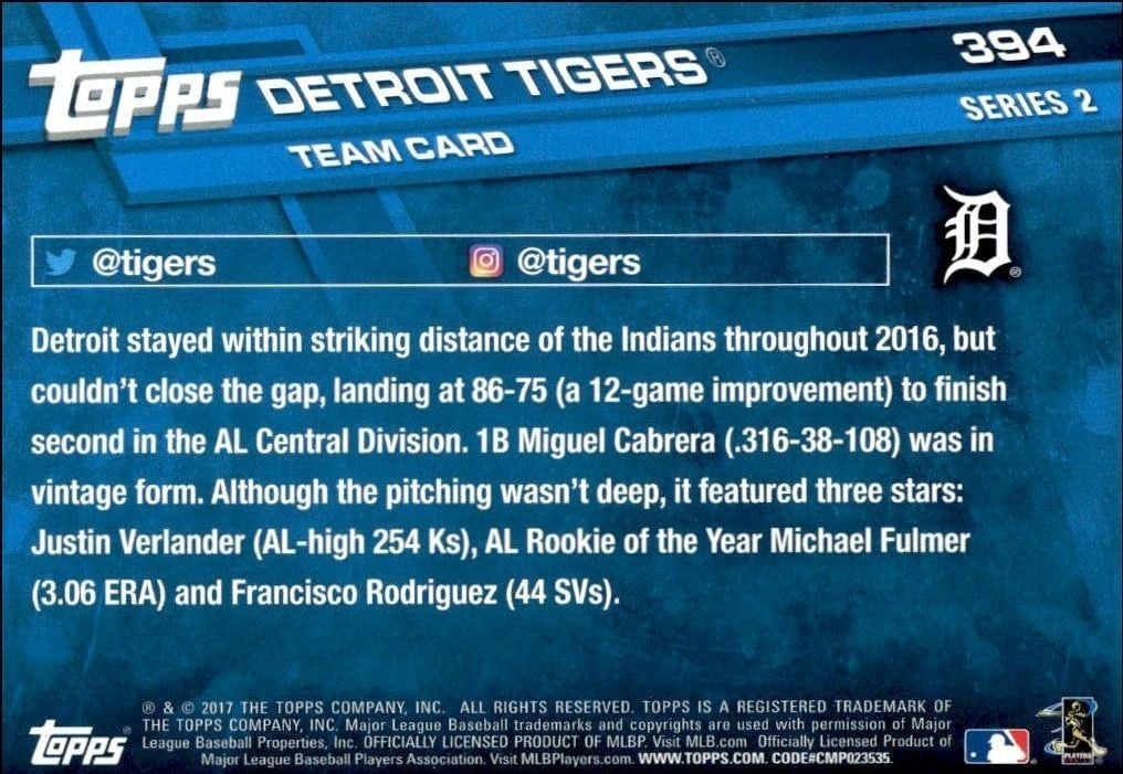2017 Topps Series 2 Detroit Tigers #394 baseball trading card back