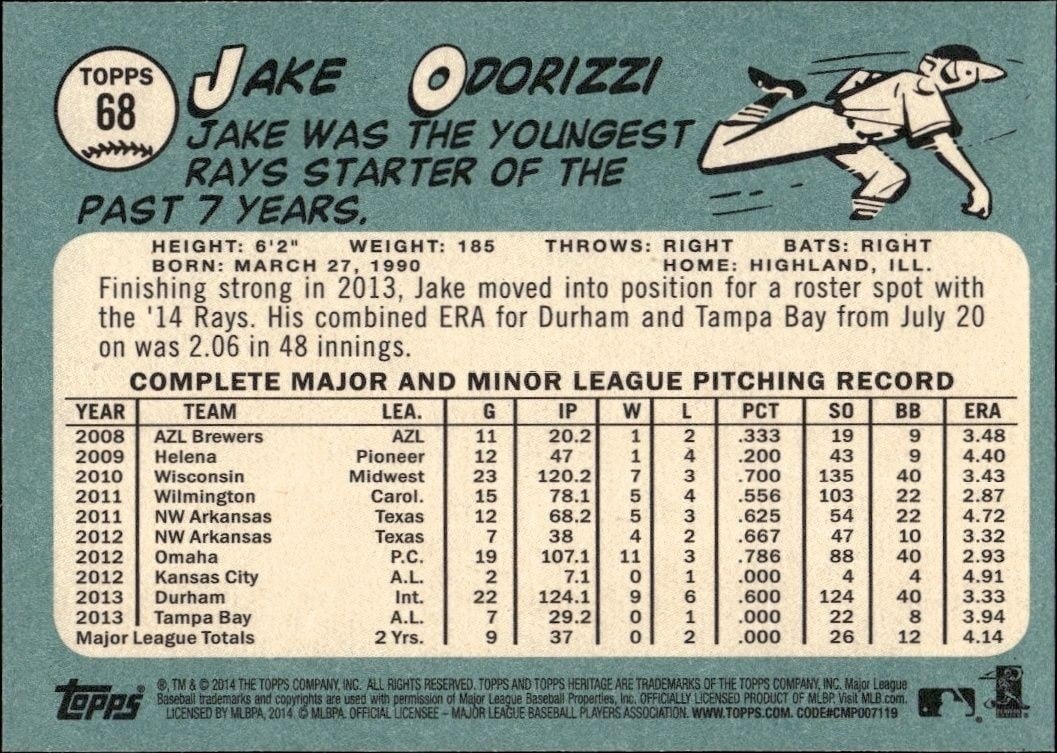 2014 Topps Heritage Jake Odorizzi #68 baseball trading card back
