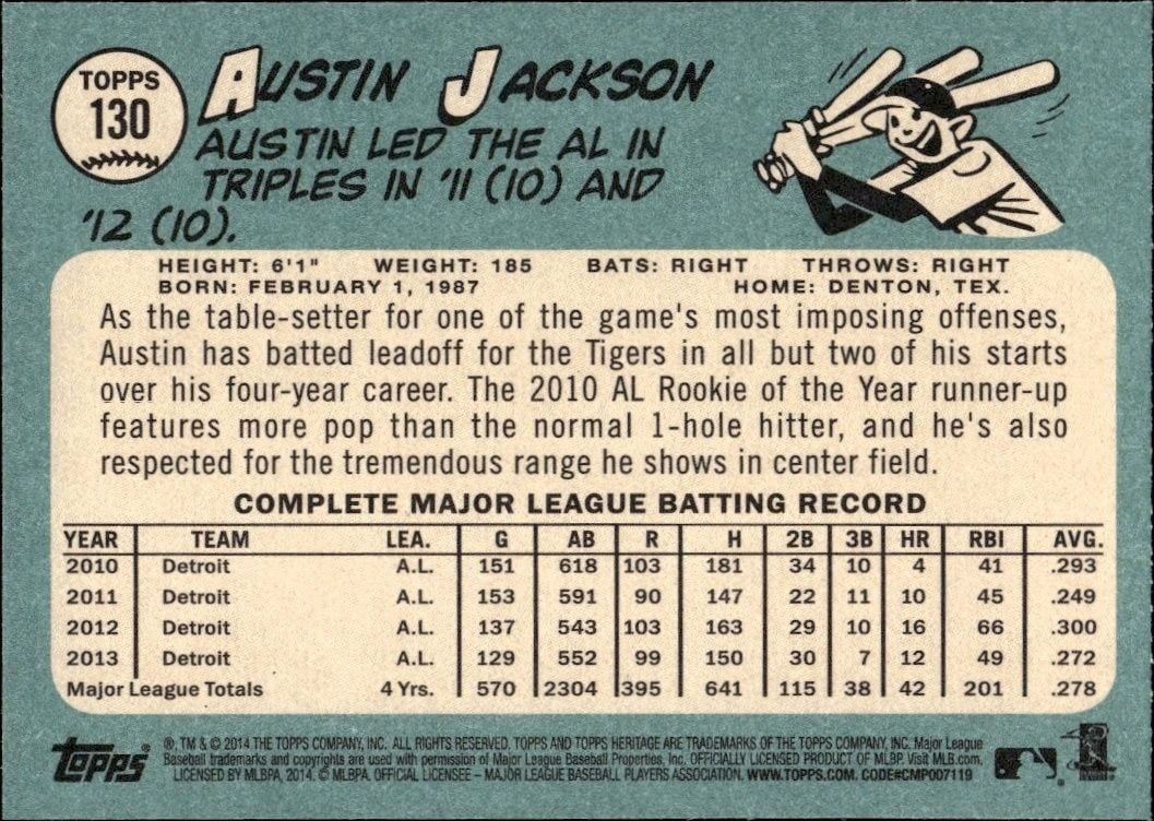 2014 Topps Heritage Austin Jackson #130 baseball trading card back