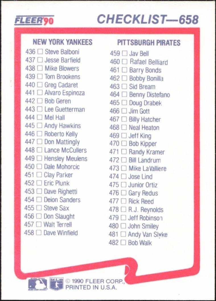 1990 Fleer Checklist #658 baseball trading card back