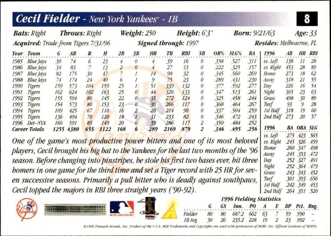 1997 Pinnacle Score Cecil Fielder #2 baseball trading card back